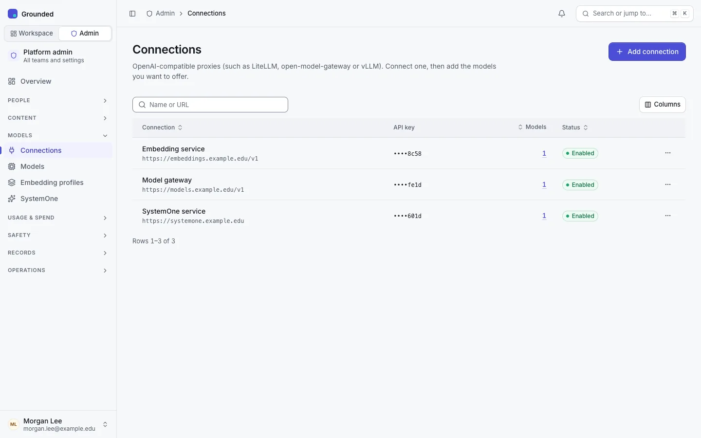 Admin, Connections: three OpenAI-compatible connections (a model gateway, an embedding service and a SystemOne service) with their base URLs.