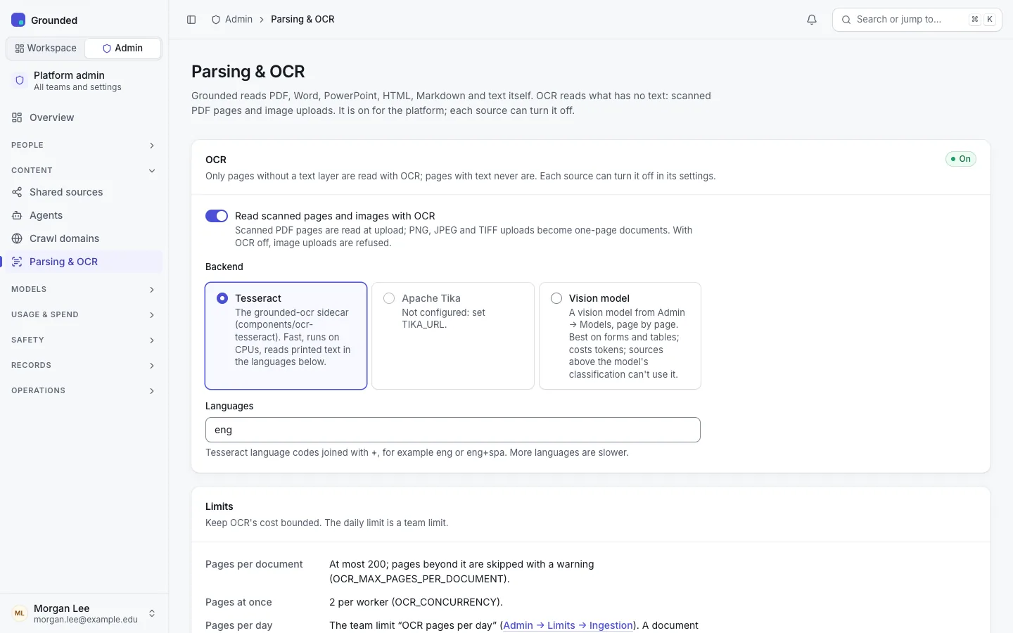Admin, Parsing & OCR: OCR turned on with the Tesseract backend and its languages.