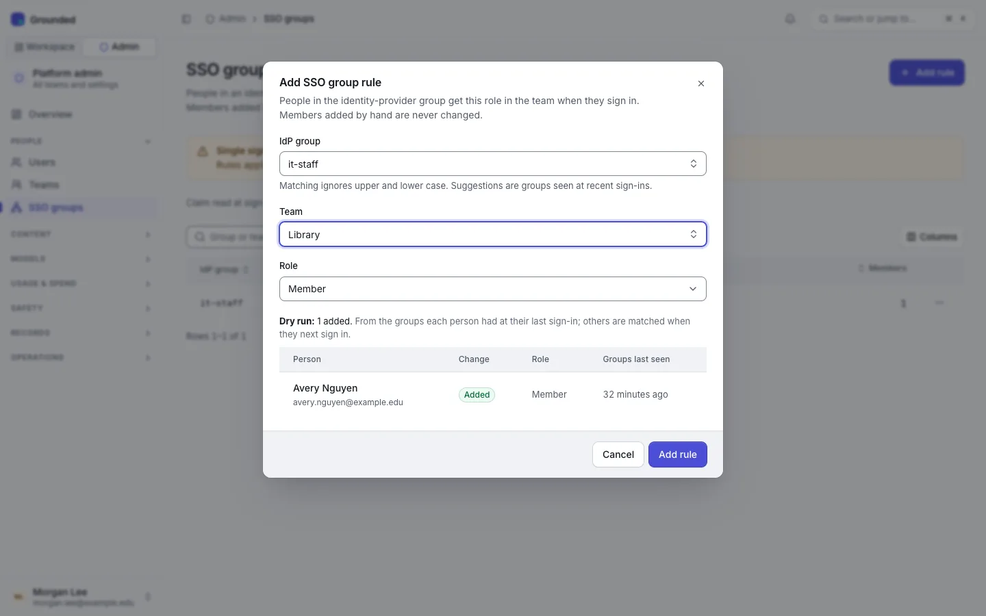 The Add rule dialog with its dry run: one person would be added to the team when the rule is saved.