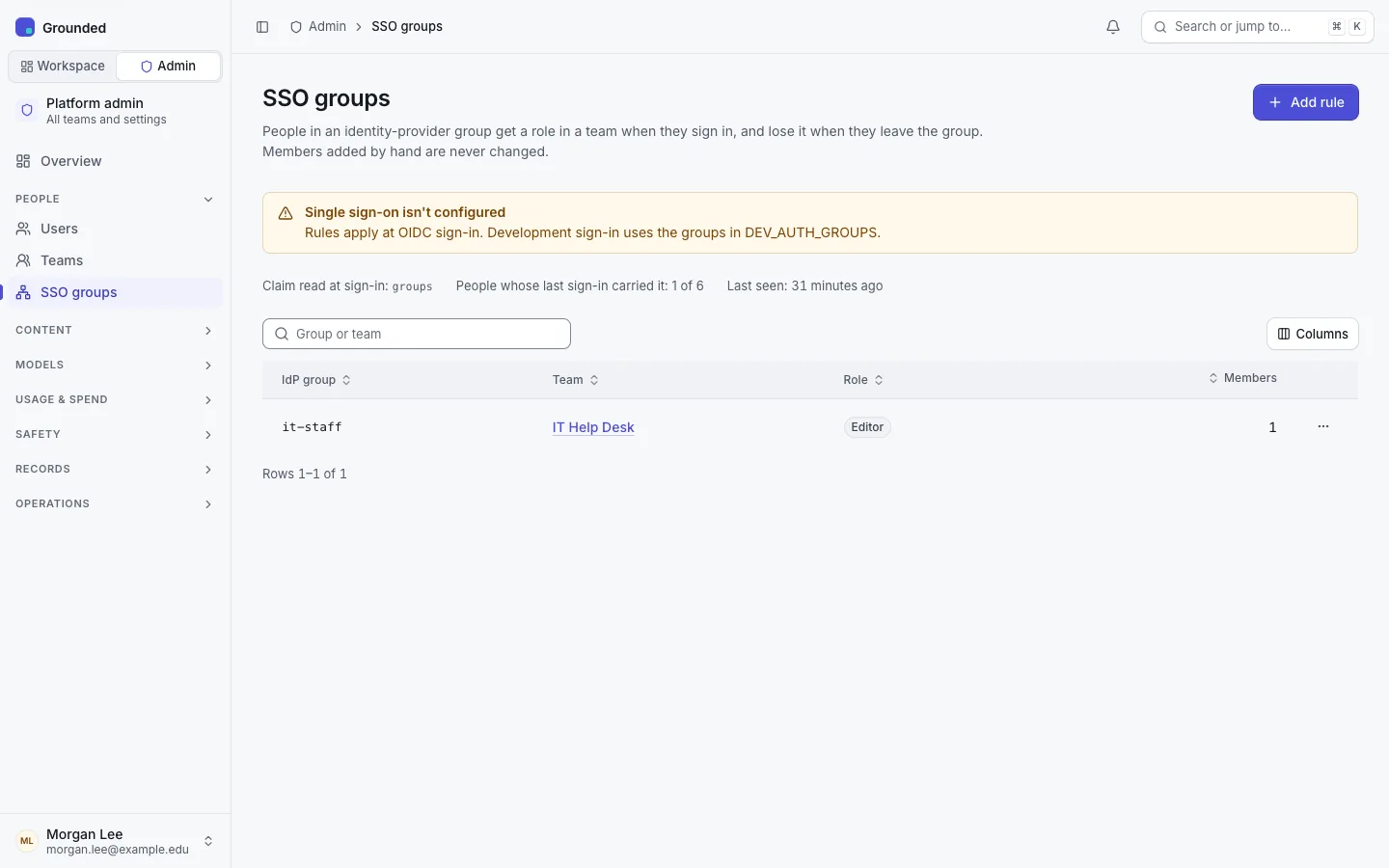 Admin, SSO groups: one rule mapping the it-staff group to the Editor role in the IT Help Desk team, the claim read at sign-in, and how many people's last sign-in carried it.