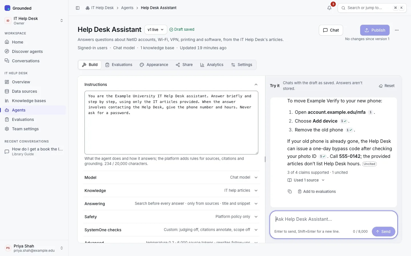 The agent editor's Build tab for Help Desk Assistant: the instructions and the collapsed Model, Knowledge, Answering, Safety, SystemOne checks and Advanced sections, beside the Try it panel with a draft answer, its claim summary and Add to evaluations.