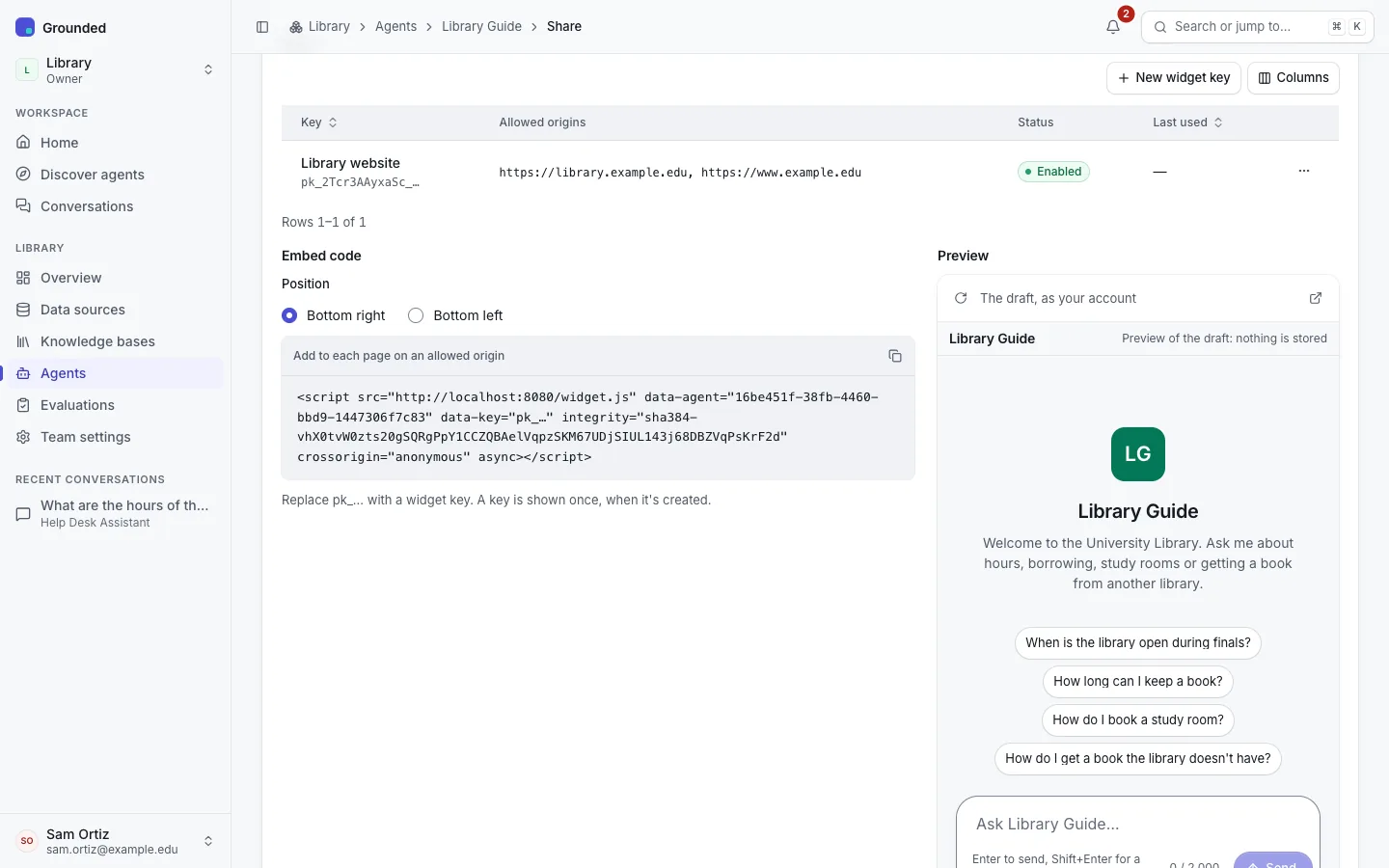 An agent's Share tab: a widget key with its allowed origins, the embed code with the launcher position, and a live preview of the widget with the agent's welcome and starter questions.