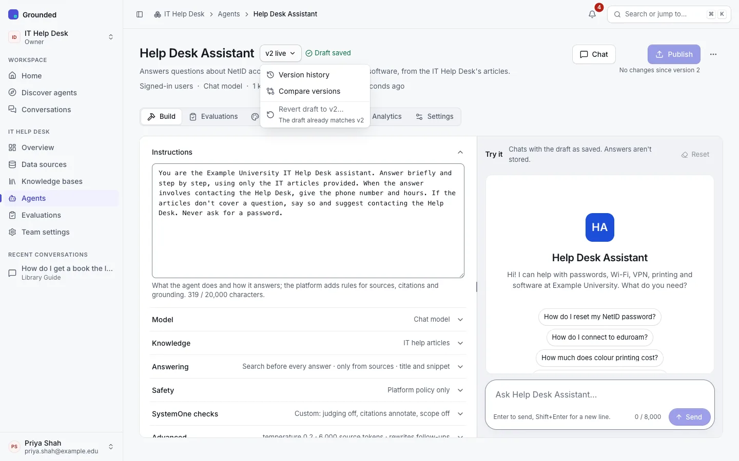 The agent's version menu in the editor header, with Version history, Compare versions and Revert draft.
