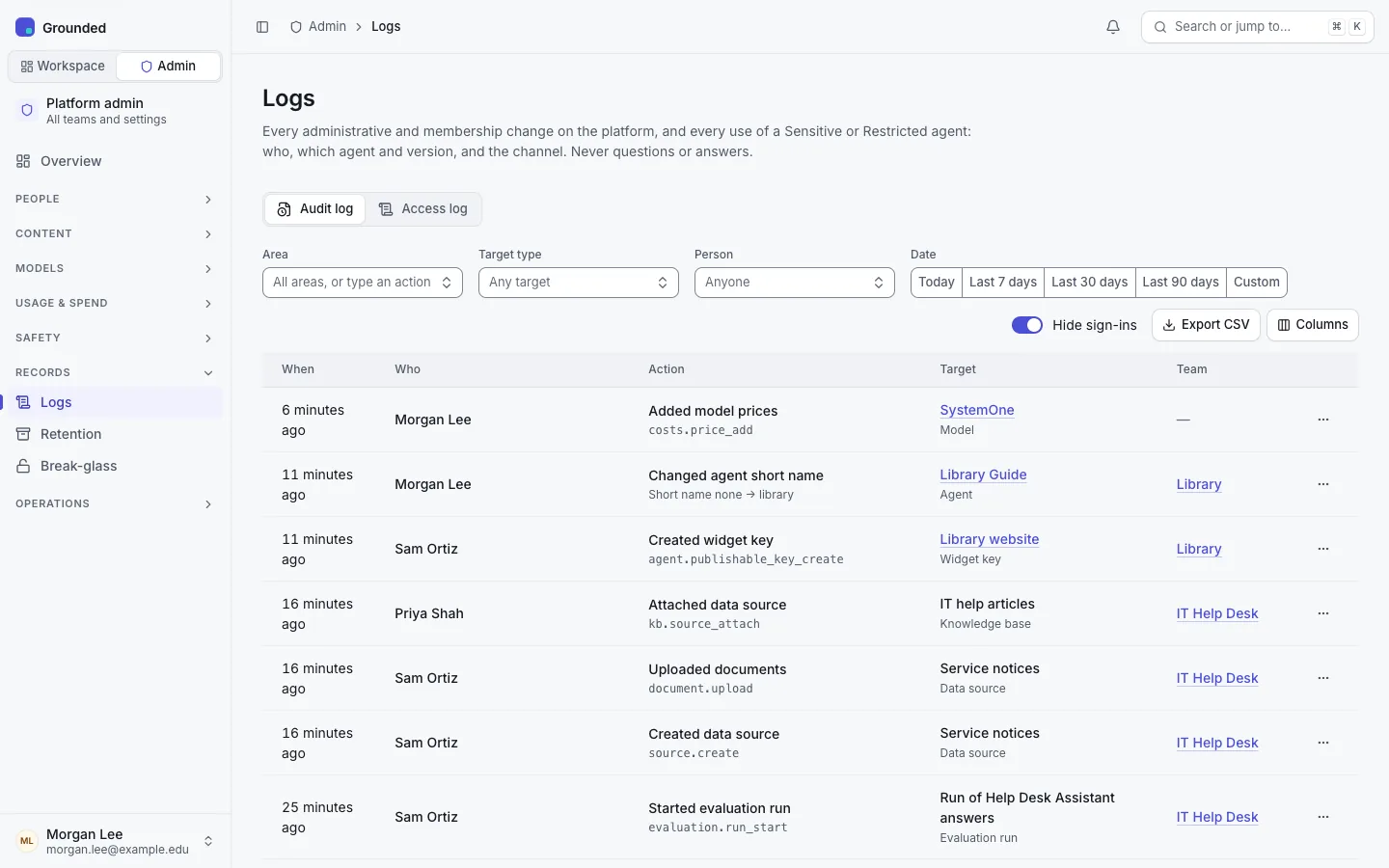 Admin, Logs, Audit log: recent changes with who made them, the area and the target.
