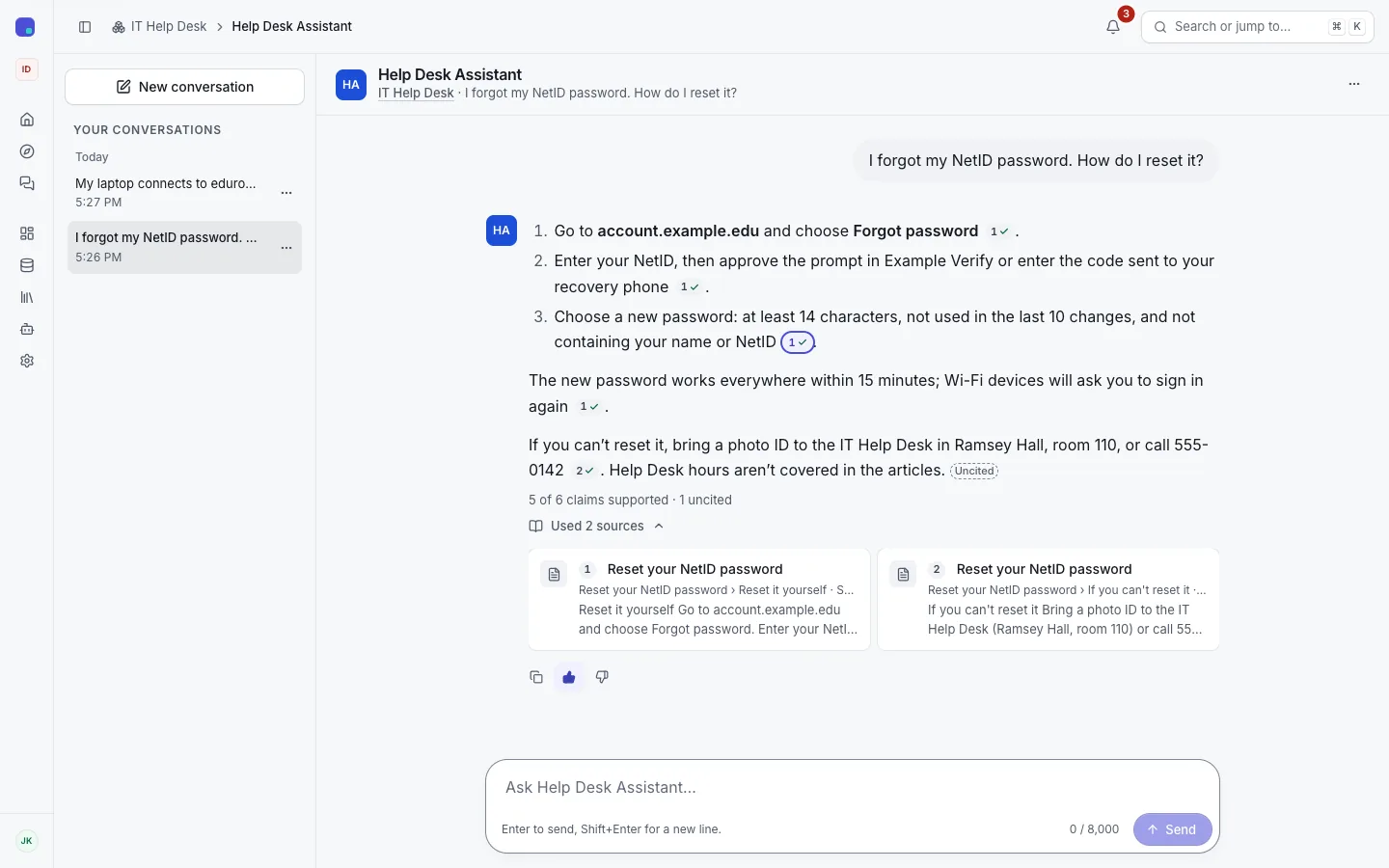 A Help Desk Assistant answer to "I forgot my NetID password. How do I reset it?": numbered steps with citation chips marked with check marks, one sentence marked Uncited, the summary "5 of 6 claims supported · 1 uncited", and the two sources opened below.