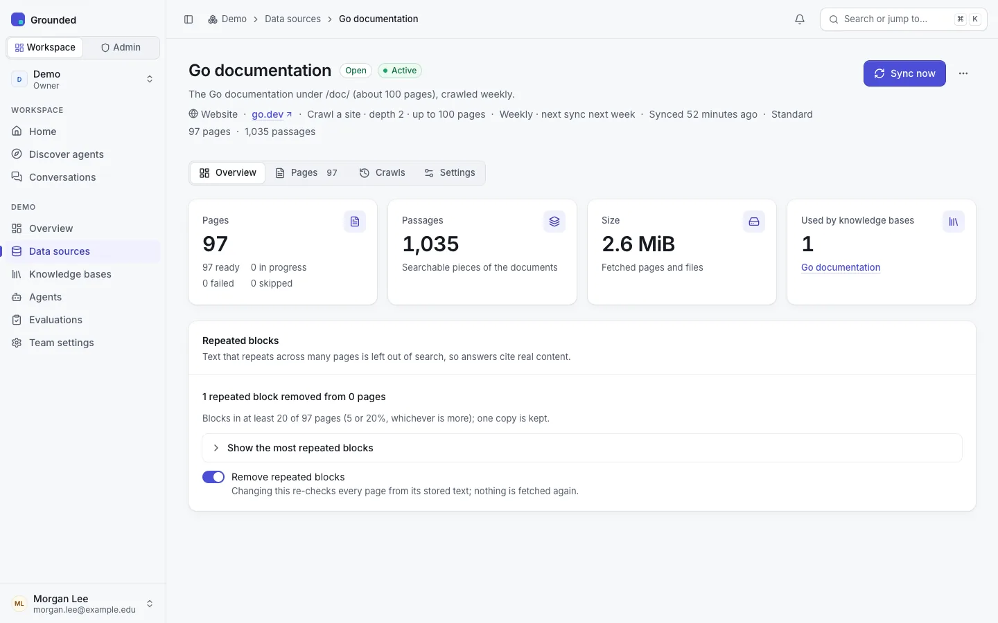 A web data source's Overview: pages crawled, passages indexed, repeated blocks removed and the next scheduled sync.