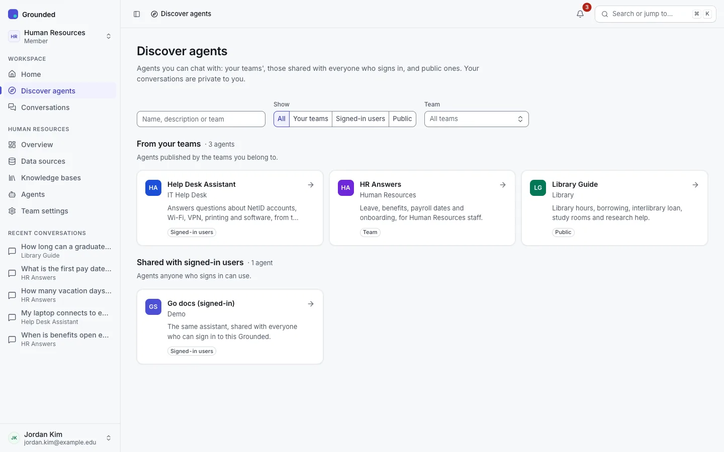 Discover agents: the agents a signed-in person can use, grouped by their own teams, the organisation and public.