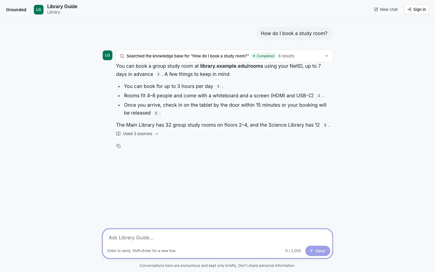 A public agent's page, used without signing in: the Library Guide answering "How do I book a study room?" with citations.