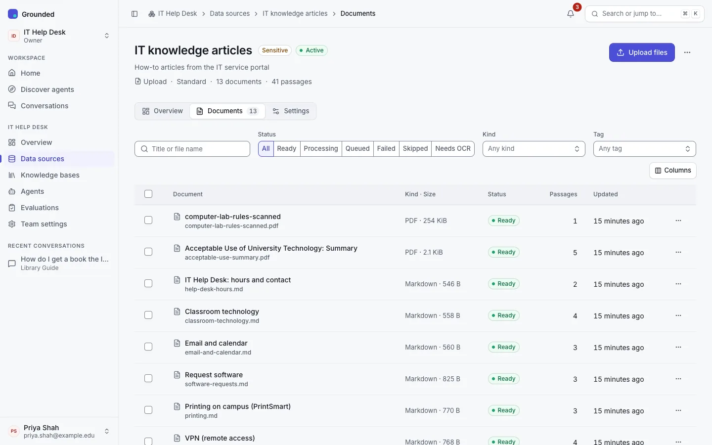 An upload source's Documents tab: status filters including Needs OCR, and its documents with kind, size, status and passages, among them a scanned PDF.