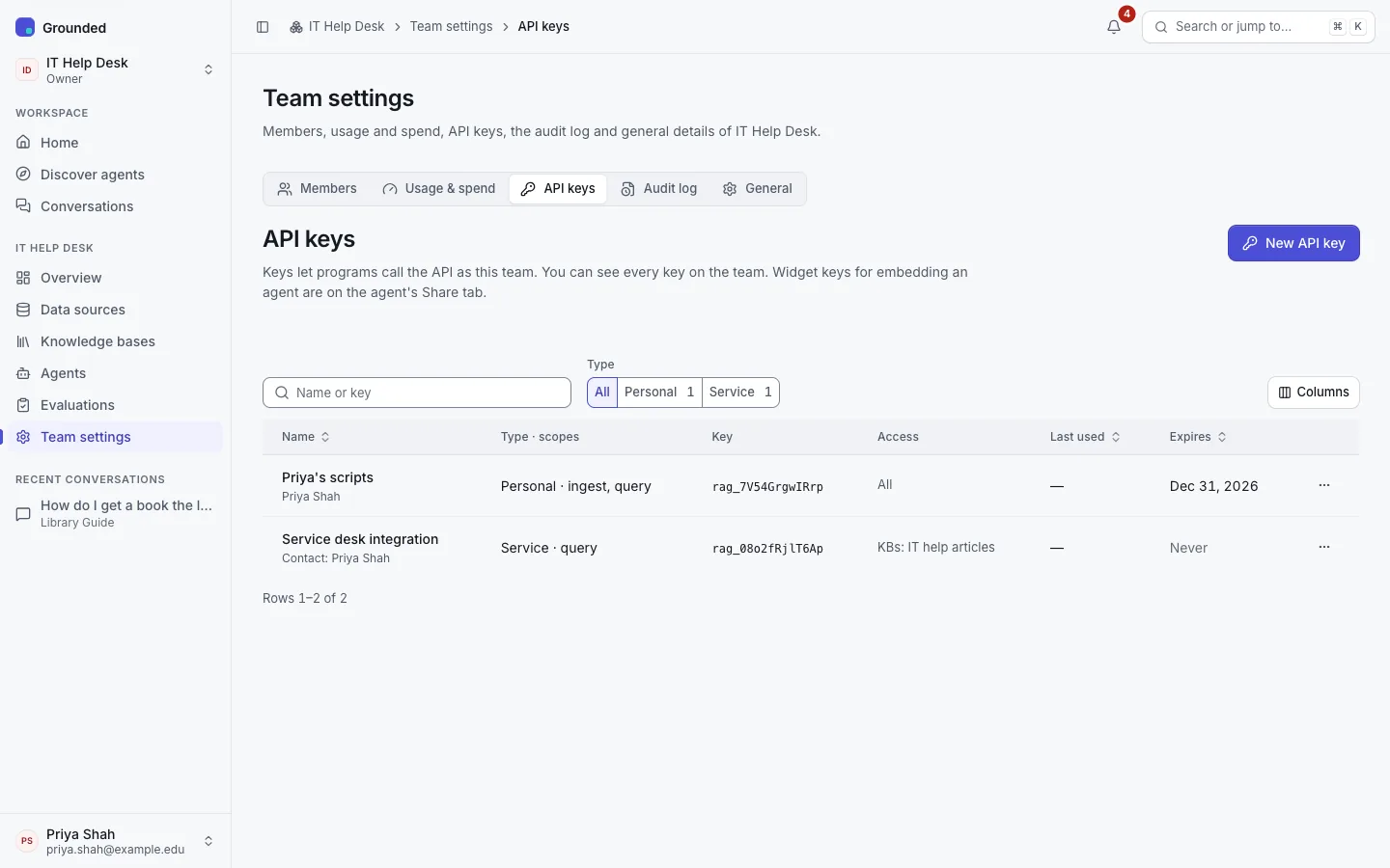 Team settings, API keys tab: personal and service keys with their scopes, restrictions, expiry and last use.