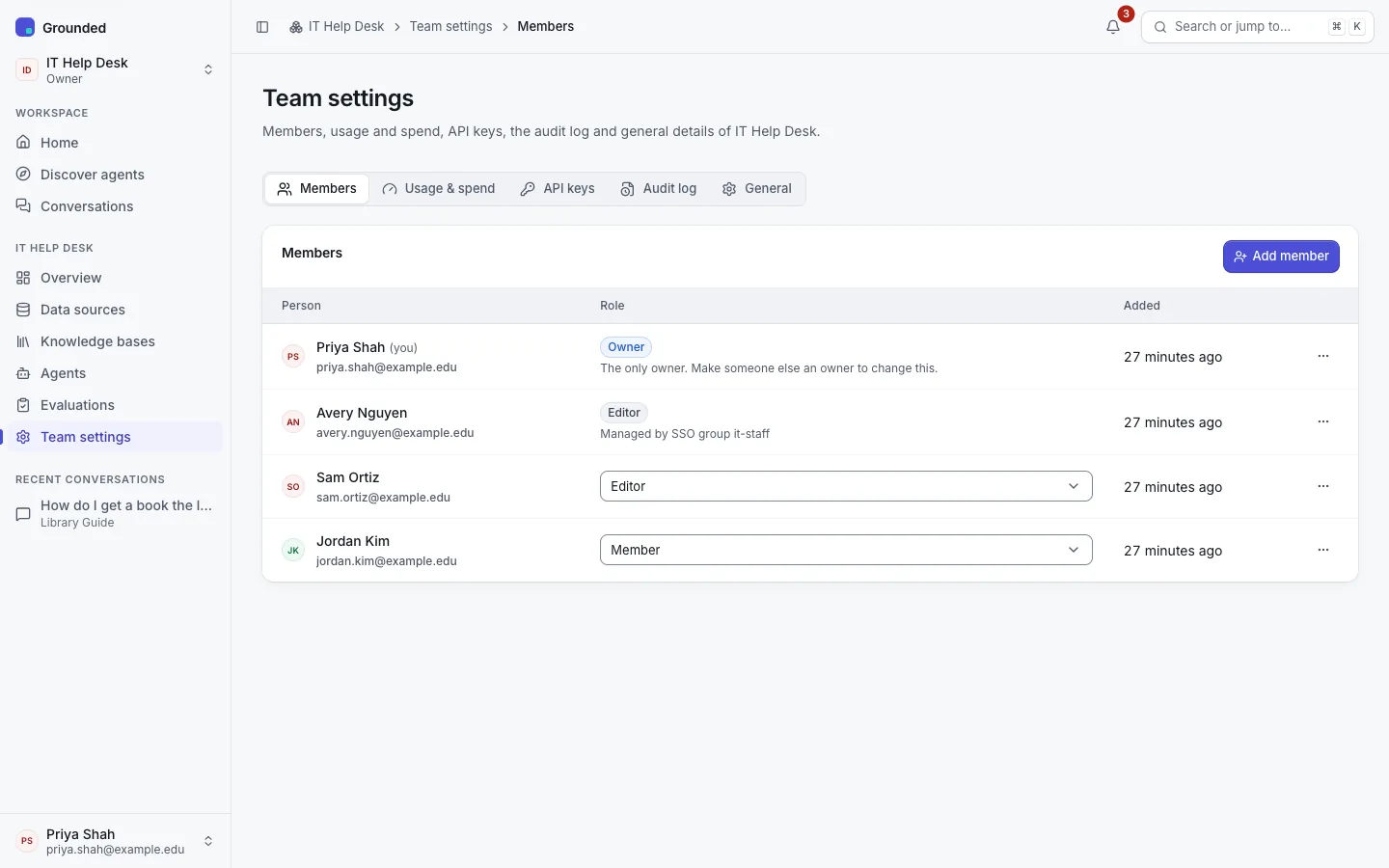 Team settings, Members tab: the team's only owner, an editor marked "Managed by SSO group it-staff", and two members whose roles can be changed.